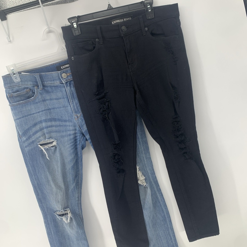 2  Express Jeans Women's Blue & Black Distressed Stretch Ankle Mid Rise 8 R